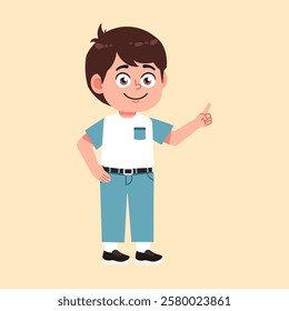 Cute Boy with Brown Hair cartoon pointing hand explained suitable for education purpose