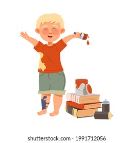 Cute Boy with Brush and Paint Pot Rested on Pile of Books Drawing Vector Illustration