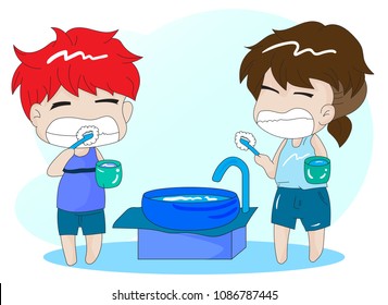 Cute boy Brush teeth, wash your face.cartoon doodle style.