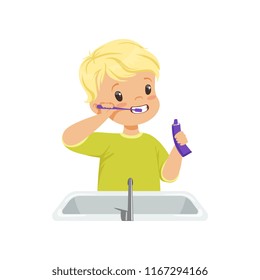 Cute boy brushing his teeth, kid caring for teeth in bathroom vector Illustration on a white background