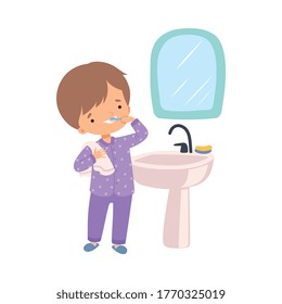 Cute Boy Brush seine Zähne im Badezimmer, Preschool Kid Daily Routine-Aktivität Cartoon Vektorgrafik