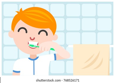 cute boy brushing teeth in bathroom vector illustration. editable