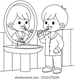 Cute Boy Brushing Teeth Outline Coloring Page