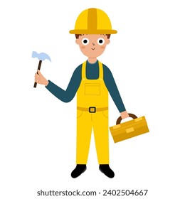 Cute Boy Builder im Cartoon-Stil. Hübsches Bauarbeiterkind einzeln auf weißem Hintergrund. Junge Videokünstler. Vektorgrafik