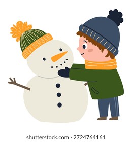 Un chico lindo está construyendo un muñeco de nieve. Una Ilustración vectorial plana en un estilo simple para niños.