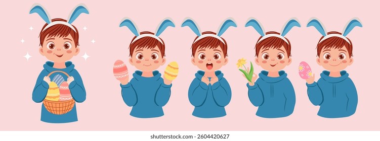Cute boy with bunny ears. Easter card character with basket of Easter eggs, spring flower. Vector illustrations on pink background.
