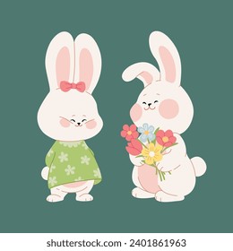 Cute boy bunny gives flowers to the girl bunny. Cartoon characters of a couple of rabbits. Kawaii hares for Valentine's Day, or Birthday card, sticker, banner, or package design. Vector illustration.