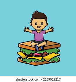 Cute Boy With Burger And Soda Cartoon Vector Icon Illustration. People Food Icon Concept Isolated Premium Vector. Flat Cartoon Style