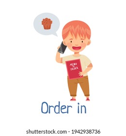Cute Boy Calling with Smartphone and Ordering Food In Vector Illustration