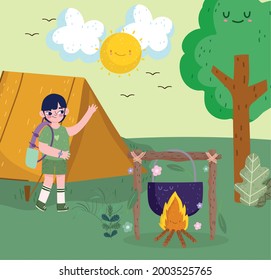 cute boy camping campfire nature
