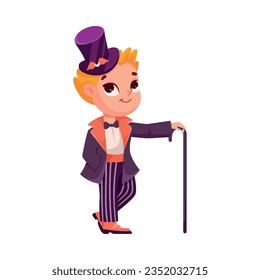 Cute Boy with Cane in Bright Halloween Costume Celebrate Holiday Vector Illustration