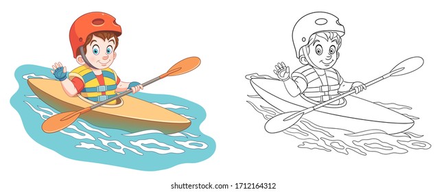 Cute boy in canoe, extreme sport kayaking. Coloring page and colorful clipart character. Cartoon design for t shirt print, icon, logo, label, patch or sticker. Vector illustration.