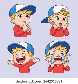 Cute Boy with Cap Emotions Set, An adorable collection of four cartoon Character featuring a young boy with blond hair and a blue and white cap, displaying a range of distinct emotions and gestures