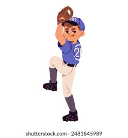 Cute boy in cap plays American baseball. Happy kid in sports glove swings to throw ball. Young pitcher, player in uniform pitches during game. Flat isolated vector illustration on white background