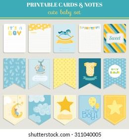 Cute Boy Card Set. Birthday, baby shower, party, design. Vector