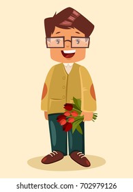 Cute boy in cardigan and glasses.He has bouquet of tulips in his hands. Student, schoolboy. Vector cartoon illustration. Character 