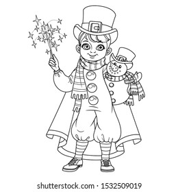 Cute boy in carnival costume snowman in top hat and red cloak and with a toy in hand outlined for coloring page