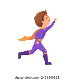Cute boy in carnival superhero costume and cloak running to play vector illustration