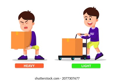 Cute boy carries a heavy cardboard in a different way