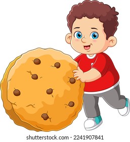 A cute boy carrying a big cookies of illustration