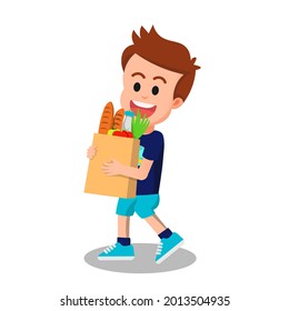 a cute boy carrying grocery bag
