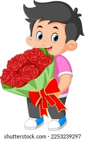 A Cute boy carrying a huge bouquet of roses of illustration
