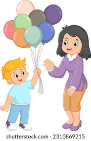 a cute boy is carrying lots of balloons and giving them to his mother of illustration