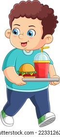 Niño lindo llevando y pidiendo comida chatarra de la ilustración