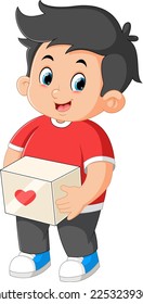 Cute boy carrying package box with red valentine heart sign on valentine's day of illustration