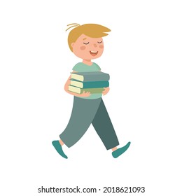 Cute boy carrying school books. Smiling  kid walking with heavy stack of books. Cartoon smart child, funny student. Hand drawn illustration isolated on white background, flat design