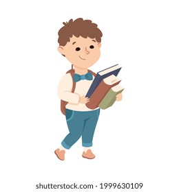 Cute Boy Carrying Stack of Books, Elementary School Student at Learning Process, Kids Education Concept Cartoon Vector Illustration