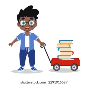 Cute boy with cart of books