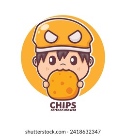 Cute boy cartoon character with chips, cartoon vector illustration