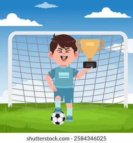 Cute boy cartoon character doing sport playing football with uniform