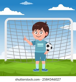 Cute boy cartoon character doing sport playing football with uniform