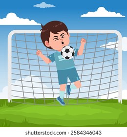 Cute boy cartoon character doing sport playing football with uniform
