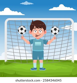 Cute boy cartoon character doing sport playing football with uniform