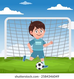 Cute boy cartoon character doing sport playing football with uniform