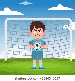 Cute boy cartoon character doing sport playing football with uniform