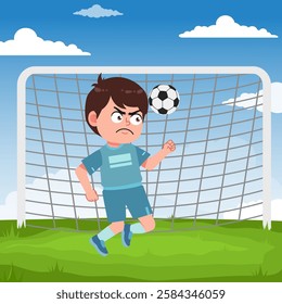 Cute boy cartoon character doing sport playing football with uniform