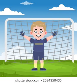 Cute boy cartoon character doing sport playing football with uniform
