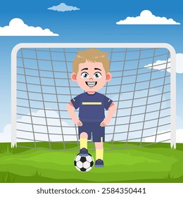 Cute boy cartoon character doing sport playing football with uniform