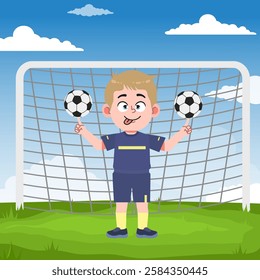 Cute boy cartoon character doing sport playing football with uniform