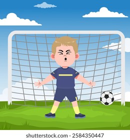 Cute boy cartoon character doing sport playing football with uniform