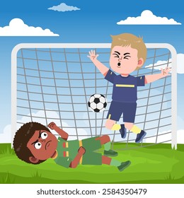 Cute boy cartoon character doing sport playing football with uniform