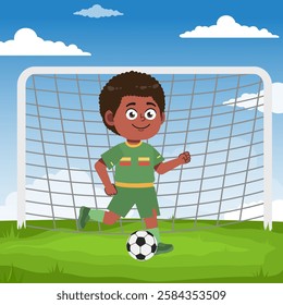 Cute boy cartoon character doing sport playing football with uniform