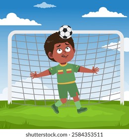 Cute boy cartoon character doing sport playing football with uniform