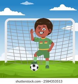 Cute boy cartoon character doing sport playing football with uniform