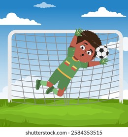 Cute boy cartoon character doing sport playing football with uniform