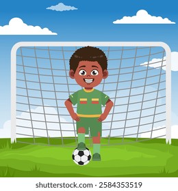Cute boy cartoon character doing sport playing football with uniform